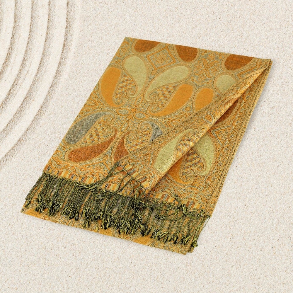 Beige Gold Paisley Large Colorful Fringe Shawl Scarf Wrap Sweater Cape Pashmina